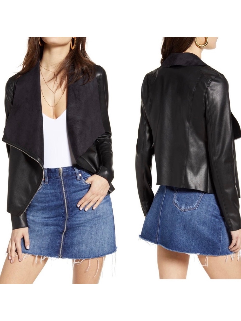 BlankNYC Women's Black Faux Leather Draped Collar Jacket Medium